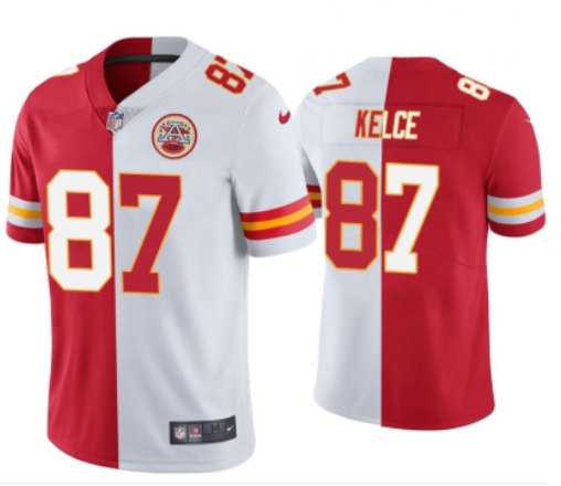 Mens Kansas City Chiefs #87 Travis Kelce Red & White Split Limited Stitched Jersey